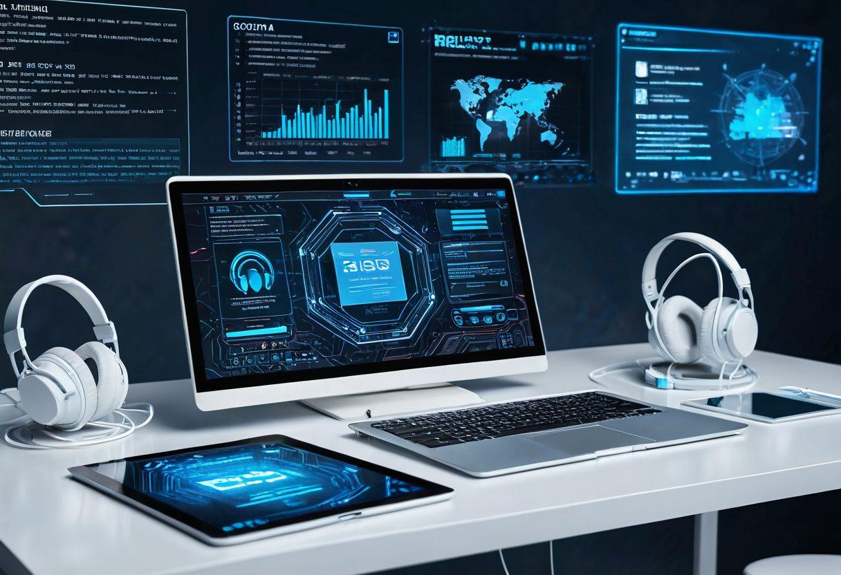 A futuristic workspace with sleek gadgets including a laptop with code on the screen, a tablet showing a responsive web design, and stylish headphones. Background showing a holographic interface of web technologies and coding languages. A modern, clean aesthetic with blue and white tones highlighting the tech-savvy atmosphere. 3D. super-realistic. vibrant colors.